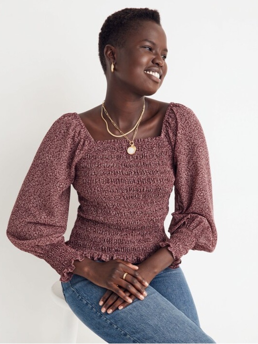 Madewell Lucie Bubble-Sleeve Smocked Top in Cottage Garden